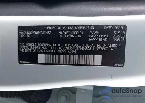 2019 Volvo S60 T6 Momentum из США, поврежденный, VIN 7JRA22TK6KG012155